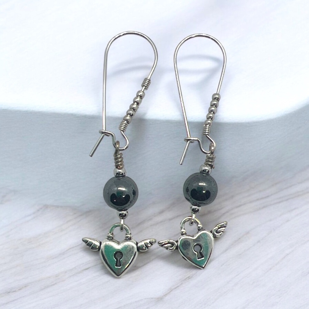 Black Hematite Locket Droplet Earrings - Handmade